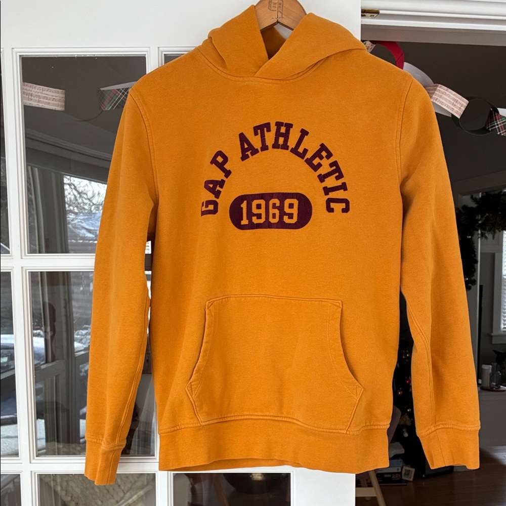 GAP Men's Mustard Hoodie with Maroon Print